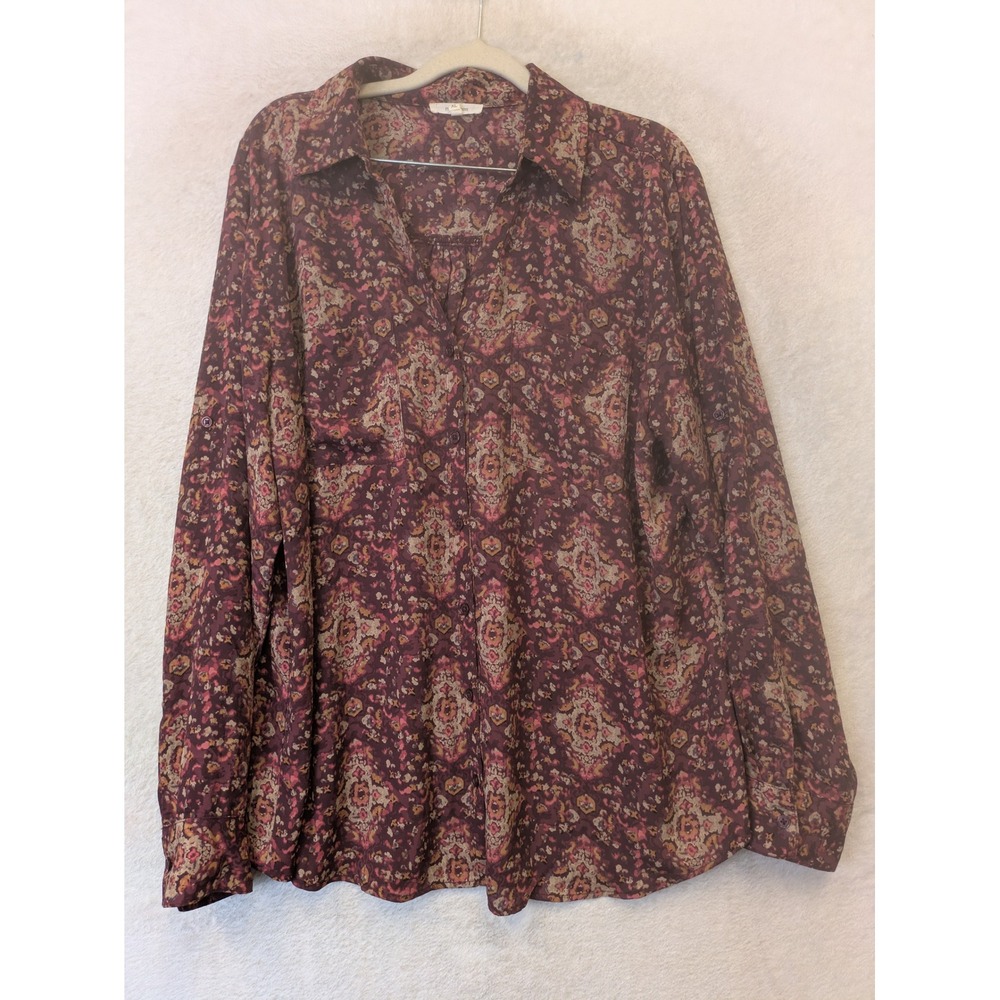 Maurices Button Down Shirt Women's XL Burgundy Paisley Roll Tab Sleeve Boho